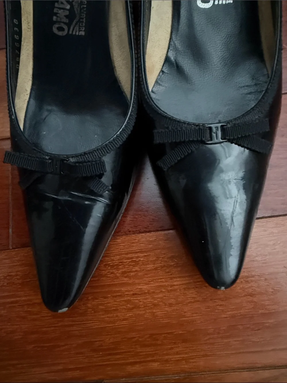 Salvatore Ferragamo Black Patent Pointed Toe Bow Kitten Heels